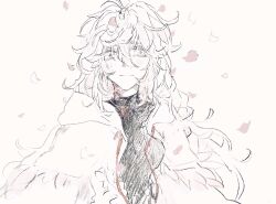 Rule 34 | 1boy, blush, closed mouth, falling petals, fate/grand order, fate (series), fuwafuwa no inu, hair between eyes, light blush, light smile, long hair, looking at viewer, male focus, merlin (fate), petals, robe, simple background, smile, solo, upper body, very long hair, white background, white robe
