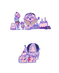 Rule 34 | 0 0, 2boys, absurdres, bandaged head, bandages, before and after, birthday, blush, cake, candle, candy, cane, chibi, cropped torso, crying, doughnut, eren yeager, expressionless, facial hair, food, fork, goatee, highres, holding, holding cane, holding fork, ice cream, lying, macaron, male focus, multiple boys, naked ribbon, official alternate costume, on side, reiner braun, ribbon, sad, shingeki no kyojin, short hair, streaming tears, syabbal-i, tears