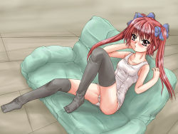 Rule 34 | 1girl, feet, flat chest, one-piece swimsuit, original, red hair, school swimsuit, small breasts, solo, swimsuit, thighhighs, twintails, white school swimsuit, white one-piece swimsuit, yo-jin