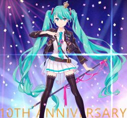 Rule 34 | 1girl, bad id, bad pixiv id, black jacket, black thighhighs, blue eyes, blue hair, blue neckwear, crown, dress, floating hair, hair between eyes, hatsune miku, highres, holding, jacket, kise (swimmt), long hair, looking at viewer, microphone stand, mini crown, open clothes, open jacket, pink ribbon, pleated dress, ribbon, shiny clothes, short dress, smile, solo, standing, thighhighs, unzipped, very long hair, vocaloid, white dress, zettai ryouiki