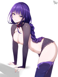 Rule 34 | 1girl, black panties, braid, breasts, bridal gauntlets, bright pupils, cleavage, closed mouth, covering privates, covering breasts, dated, genshin impact, highres, large breasts, leaning forward, long hair, looking at viewer, panties, purple eyes, purple hair, purple thighhighs, raiden shogun, simple background, single braid, smile, solo, thighhighs, underwear, underwear only, very long hair, white background, yu-ta