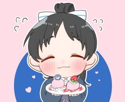 Rule 34 | 1girl, :3, black hair, blue jacket, blush, bow, chibi, closed eyes, closed mouth, collared shirt, commentary request, dress, dress shirt, facing viewer, food, grey dress, hair bow, hazuki ren, heart, highres, holding, holding plate, ice cream, jacket, kashikaze, long hair, long sleeves, love live!, love live! superstar!!, open clothes, open jacket, outline, pink background, plate, ponytail, school uniform, shirt, solo, upper body, white bow, white outline, white shirt, yuigaoka school uniform
