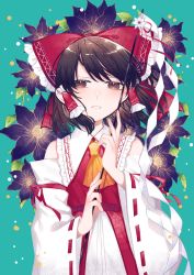Rule 34 | 1girl, ascot, bow, brown eyes, brown hair, collar, detached sleeves, dress, floral background, gohei, green background, hair bow, hair tubes, hakurei reimu, hat, highres, long hair, medium hair, nontraditional miko, red bow, red dress, red shirt, ribbon, shirt, sidelocks, sleeveless, sleeveless dress, solo, toraneko 2, touhou, white collar, yellow ascot