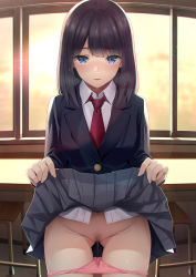 Rule 34 | 1girl, backlighting, black hair, black jacket, blue eyes, blush, breasts, chair, classroom, clothes lift, collared shirt, desk, dress shirt, female pubic hair, grey skirt, jacket, lifted by self, long hair, long sleeves, looking at viewer, medium breasts, necktie, original, panties, panty pull, parted lips, pleated skirt, pubic hair, pussy juice, red necktie, shirt, skirt, skirt lift, solo, thighs, umihotaru harumare, underwear, white shirt, window