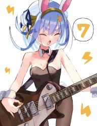 Rule 34 | 1girl, alternate costume, animal ears, bare shoulders, black bow, black bowtie, black leotard, blue hair, blush, bow, bowtie, breasts, carrot, carrot hair ornament, closed eyes, collarbone, commentary request, cowboy shot, detached collar, dot nose, electric guitar, fishnet pantyhose, fishnets, food-themed hair ornament, guitar, hair ornament, hairband, highres, holding, holding instrument, holding plectrum, hololive, instrument, leotard, lightning bolt symbol, long hair, medium breasts, nail polish, nosu (pewk x4b), open mouth, pantyhose, playboy bunny, plectrum, rabbit ears, rabbit girl, rabbit tail, simple background, solo, speech bubble, spoken number, strapless, strapless leotard, tail, thick eyebrows, usada pekora, v-shaped eyebrows, virtual youtuber, white background, wrist cuffs, yellow nails