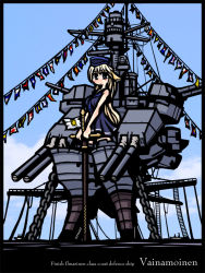 Rule 34 | 1girl, 8touhei, black border, blonde hair, blue eyes, border, chain, character name, dress, finnish naval jack, finnish navy, flag, flags of all nations, full body, gun, hat, lipstick, long hair, makeup, mecha musume, naval flag, necktie, no nose, original, partially submerged, personification, sailor dress, sailor hat, ship, smile, solo, standing, string of flags, sword, turret, uniform, vainamoinen (ship), wading, water, watercraft, weapon