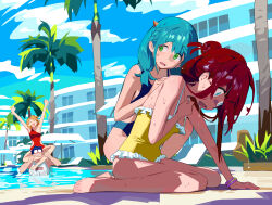Rule 34 | 1boy, 3girls, aqua hair, arm support, arms up, barefoot, blue eyes, blue hair, blue one-piece swimsuit, braid, breasts, brown hair, carrying, closed eyes, collarbone, commentary request, eyelashes, feet, frilled one-piece swimsuit, frills, full body, green eyes, hand up, highres, hipa (some1else45), horns, legs, long hair, looking back, looking down, medium breasts, medium hair, multiple girls, nahia (some1else45), one-piece swimsuit, open mouth, original, outdoors, palm tree, partially submerged, poolside, red hair, red one-piece swimsuit, sekoshi (some1else45), shirt, shoulder carry, sidelocks, sitting, small breasts, some1else45, sweatdrop, swimsuit, thick eyebrows, toes, tree, twintails, wariza, white shirt, yellow one-piece swimsuit