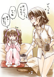 Rule 34 | 2girls, abo (hechouchou), bare legs, barefoot, coffee, coffee mug, coffee pot, couch, dress shirt, drinking, hair ribbon, himekaidou hatate, messy hair, mug, multiple girls, no headwear, no headwear, no pants, open mouth, pajamas, pointy ears, red eyes, ribbon, shameimaru aya, shirt, sitting, sleeves rolled up, steam, table, touhou, translation request, twintails, white shirt