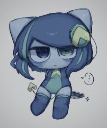 Rule 34 | ..., 1girl, agpgwm, aqua eyes, blue eyes, blue hair, blue leotard, blue skin, blue thighhighs, chibi, colored skin, commentary request, empty eyes, grey background, hairpods, heterochromia, holding, holding knife, knife, knife behind back, leotard, looking at viewer, no nose, parted lips, poyopep, poyoroid, poyoroid (depression), short hair, simple background, sketch, solo, spoken ellipsis, tail, thighhighs, utau