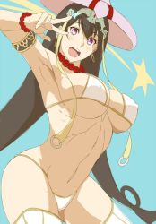 Rule 34 | 1girl, arm up, armlet, armpits, bead necklace, beads, bikini, bikini top only, blue background, bracelet, breasts, cleavage, earrings, fate/grand order, fate (series), hair between eyes, hair ornament, hashimoto (frog flag), hat, hoop earrings, jewelry, large breasts, navel, necklace, open mouth, prayer beads, purple eyes, solo, star (symbol), swimsuit, thighhighs, underboob, v, white bikini, xuangzang sanzang (fate), xuangzang sanzang (white cruising) (fate)