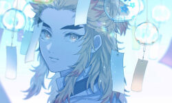 Rule 34 | 1boy, amata (pixiv25705097), blonde hair, blue theme, blurry, colored tips, day, demon slayer uniform, depth of field, forked eyebrows, from side, half updo, highres, kimetsu no yaiba, light particles, looking at viewer, looking to the side, male focus, medium hair, multicolored eyes, multicolored hair, portrait, red eyes, red hair, rengoku kyoujurou, sidelocks, solo, streaked hair, white background, wind chime, yellow eyes