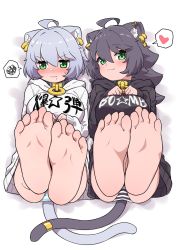 Rule 34 | 2girls, :3, absurdres, animal ear fluff, animal ears, black hair, black hoodie, blush, breasts, cat ears, cat tail, clothes writing, collar, commentary, feet, foot focus, foreshortening, frown, full body, grey hair, hair between eyes, heart, highres, hood, hood down, hoodie, large breasts, long hair, looking at viewer, mole, mole under mouth, multiple girls, ngetyan, nose blush, original, panties, renge (ngetyan), ringe (ngetyan), short hair, simple background, smile, soles, spoken heart, spoken squiggle, squiggle, striped clothes, striped panties, symbol-only commentary, tail, tail ornament, tail ring, toes, underwear, white background, white hoodie