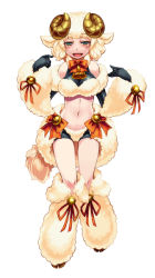 Rule 34 | 1girl, animal ears, bare shoulders, bell, blush, green eyes, horns, kenkou cross, looking at viewer, midriff, monster girl, monster girl encyclopedia, navel, open mouth, ribbon, sheep ears, sheep girl, sheep tail, simple background, smile, solo, standing, tail, weresheep, white background, wool