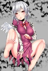 Rule 34 | 1girl, albino, angel wings, barefoot, bow, braid, breasts, brooch, colorized, commentary request, covering privates, covering crotch, dress, eyelashes, french braid, grey background, jacket, jewelry, kishin sagume, knees, kuranosuke, large breasts, lips, long sleeves, looking at viewer, lying, m legs, open clothes, open jacket, purple dress, red eyes, short dress, single wing, solo, spread legs, thighs, toenails, touhou, white hair, wings