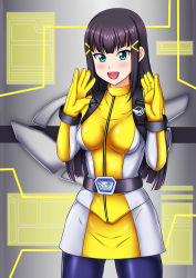 Rule 34 | 1girl, belt buckle, black hair, blush, bracer, breasts, buckle, formal, gloves, green eyes, hair ornament, hime cut, kurosawa dia, leggings, love live!, love live! sunshine!!, open mouth, skirt, solo, suit, super sentai, tokumei sentai go-busters, tokusatsu, voice actor connection, yellow gloves, yellow suit