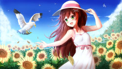 Rule 34 | 1girl, :d, animal, arm up, armpits, bare arms, bare shoulders, bird, blue sky, blush, breasts, brown hair, cloud, collarbone, commentary, commission, day, dress, english commentary, falling leaves, field, flower, flower field, green eyes, hair between eyes, hair ornament, hand on headwear, hat, highres, leaf, long hair, multicolored hair, open mouth, original, outdoors, prophosphere, red hair, sky, sleeveless, sleeveless dress, small breasts, smile, solo, streaked hair, summer, sun hat, sundress, sunflower, sunflower field, very long hair, white dress, white hat, yellow flower
