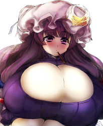Rule 34 | 1girl, breasts, cleavage, covered erect nipples, food, gigantic breasts, hat, highres, long hair, meme attire, mob cap, open-chest sweater, patchouli knowledge, pocky, pocky day, purple eyes, purple hair, ribbed sweater, sentarou, solo, sweater, touhou, very long hair