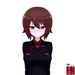 Rule 34 | 1girl, absurdres, aikazilla, artist logo, artist name, black jacket, brown eyes, brown hair, closed mouth, commentary, dress shirt, girls und panzer, happy birthday, highres, insignia, jacket, kuromorimine military uniform, long sleeves, looking at viewer, military, military uniform, nishizumi maho, red shirt, shirt, short hair, signature, simple background, smile, solo, twitter username, uniform, upper body, white background, wing collar
