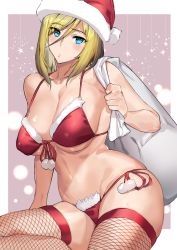 Rule 34 | 1girl, ashiomi masato, bikini, blonde hair, blue eyes, blush, breasts, christmas, cleavage, closed mouth, commentary request, fishnet thighhighs, fishnets, guilty gear, guilty gear xrd, hair between eyes, hat, highres, holding, holding sack, large breasts, millia rage, pom pom (clothes), red bikini, sack, santa bikini, santa costume, santa hat, short hair, side-tie bikini bottom, simple background, solo, star (symbol), swimsuit, thighhighs