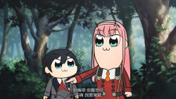 Rule 34 | 10s, 1boy, 1girl, :3, bkub (style), black hair, blue eyes, darling in the franxx, day, ei ei okotta?, eye contact, eyeshadow, fake screenshot, forest, grey jacket, hairband, highres, hiro (darling in the franxx), jacket, long hair, long sleeves, looking at another, makeup, murasaki saki, nature, outdoors, pink hair, pipimi, poptepipic, popuko, red jacket, season connection, translation request, tree, zero two (darling in the franxx)