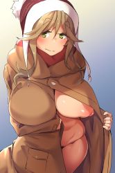 Rule 34 | 1girl, blush, breasts, brown hair, coat, exhibitionism, female pubic hair, functionally nude, green eyes, hat, highres, inuyama aoi, kuronyan, large breasts, long hair, nipples, nude, one breast out, open clothes, pubic hair, pubic hair peek, public indecency, puffy nipples, santa hat, solo, trench coat, wavy mouth