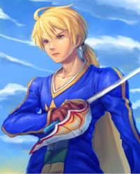 Rule 34 | 1boy, ahoge, blonde hair, blue sky, brown eyes, cape, cloud, final fantasy, final fantasy tactics, holding, holding sword, holding weapon, ponytail, ramza beoulve, regulus ll, shirt, sky, solo, sword, weapon