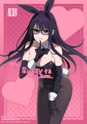 Rule 34 | 1girl, animal ears, aoi suzu, bare shoulders, black-framed eyewear, black gloves, black hair, black leotard, bow, bowtie, breasts, brown pantyhose, cleavage, commission, detached collar, elbow gloves, fake animal ears, fake tail, finger to mouth, glasses, gloves, grin, hairband, hand on own thigh, highleg, highleg leotard, highres, large breasts, leaning forward, leotard, long hair, looking at viewer, original, pantyhose, playboy bunny, purple eyes, rabbit ears, rabbit tail, shaded face, shushing, skeb commission, smile, solo, standing, strapless, strapless leotard, tail, thighs, wrist cuffs