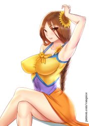 Rule 34 | 1girl, alternate costume, arm up, armpits, braid, breasts, brown eyes, brown hair, covered erect nipples, crossed legs, flower, hair flower, hair ornament, impossible clothes, impossible shirt, invisible chair, large breasts, league of legends, leona (league of legends), long hair, looking at viewer, parted lips, ponytail, pool party leona, sarong, shirt, simple background, single braid, sitting, smile, solo, sunflower, sunflower hair ornament, swimsuit, vanquice, watermark, web address, white background