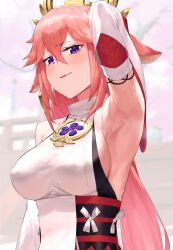 Rule 34 | 1girl, animal ears, arm up, armpits, bare shoulders, blush, breasts, cherry blossoms, covered erect nipples, detached sleeves, fox ears, genshin impact, highres, japanese clothes, large breasts, long hair, looking at viewer, nontraditional miko, outdoors, pink hair, presenting armpit, purple eyes, sideboob, solo, steaming body, sweat, takutaku12364, upper body, white sleeves, wide sleeves, yae miko