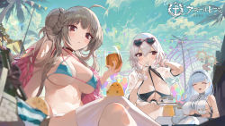 Rule 34 | 3girls, aqua bikini, azur lane, balloon, bikini, black bikini, black hairband, blue bikini, blue hair, blue sky, blurry, blurry foreground, braid, braided bun, breasts, bsue, center frills, choker, closed eyes, clothing cutout, commentary request, criss-cross halter, crossed legs, cup, dido (azur lane), double bun, earrings, eyewear on head, feather boa, ferris wheel, formidable (azur lane), formidable (the lady of the beach) (azur lane), frills, hair between eyes, hair bun, hairband, halterneck, heart, heart-shaped eyewear, highres, holding, holding cup, huge breasts, jewelry, large breasts, loading screen, long hair, looking at viewer, looking down, manjuu (azur lane), multi-strapped bikini bottom, multi-strapped bikini top, multiple girls, o-ring, o-ring bikini, o-ring top, official alternate costume, official art, open mouth, palm tree, picnic basket, pink-framed eyewear, pink choker, platinum blonde hair, red eyes, scrunchie, shirt, short hair, sideboob, single thighhigh, sirius (azur lane), sirius (scorching-hot seirios) (azur lane), sitting, skindentation, sky, sleeveless, sleeveless shirt, sunglasses, swimsuit, teacup, thighhighs, tree, underboob, underboob cutout, very long hair, white hair, white scrunchie, white shirt, wrist scrunchie