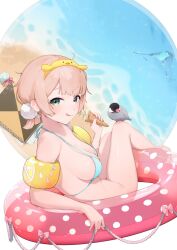 Rule 34 | 1girl, :q, beach, bikini, bird, blonde hair, blue bikini, blush, breasts, commentary, feet, fingernails, food, food on body, food on breasts, food on face, g li, green eyes, hair ornament, halterneck, hermit crab, highres, holding, holding food, holding ice cream, ice cream, ice cream cone, indie virtual youtuber, inflatable armbands, innertube, knees up, large breasts, looking at viewer, melting, nail polish, notebook, ocean, pink nails, pom pom (clothes), pom pom hair ornament, sandals, shigure ui (vtuber), shore, short hair, solo, string bikini, swim ring, swimsuit, symbol-only commentary, toes, tongue, tongue out, unworn bikini bottom, virtual youtuber, water