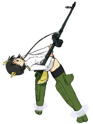 Rule 34 | 1girl, animal ears, bad id, bad pixiv id, black hair, black thighhighs, cosplay, drum magazine, genshiken, gun, heavy machine gun, leaning back, machine gun, magazine (weapon), military, military uniform, ogiue chika, pikapoo, short hair, simple background, solo, strike witches, striker unit, tail, thighhighs, uniform, weapon, weapon request, white background, world witches series