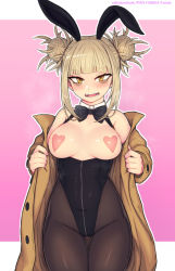 Rule 34 | 1girl, animal ears, artist name, bags under eyes, bare shoulders, black bow, black bowtie, black leotard, black pantyhose, blonde hair, blunt bangs, blush, boku no hero academia, bow, bowtie, breast cutout, breasts, brown pantyhose, coat, commentary request, detached collar, double bun, fake animal ears, fanbox username, fangs, hair bun, hair up, halloween, heart pasties, highleg, highleg leotard, leotard, long hair, long sleeves, looking at viewer, medium breasts, messy hair, nail polish, narrowed eyes, open mouth, pantyhose, pasties, pink background, pink nails, playboy bunny, rabbit ears, saltydanshark, sidelocks, slit pupils, smile, solo, standing, strapless, strapless leotard, teeth, thigh gap, toga himiko, two-tone background, white background, winter clothes, winter coat, wrist cuffs, yellow eyes, zipper