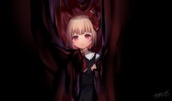 Rule 34 | 1girl, ascot, black skirt, black vest, blonde hair, blush, collared shirt, curtains, hair ribbon, kapuchii, long sleeves, parted lips, red ascot, red eyes, red ribbon, ribbon, rumia, shirt, short hair, signature, skirt, solo, touhou, vest, white shirt