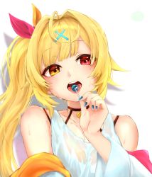 Rule 34 | 1girl, blonde hair, blunt bangs, breasts, candy, choker, cleavage, eating, festa11307070, food, hair ornament, hairclip, heterochromia, highres, hoshikawa sara, licking, lollipop, long hair, looking at viewer, nail polish, nijisanji, open mouth, red eyes, see-through, shadow, side ponytail, simple background, solo, sweat, tank top, tongue, tongue out, virtual youtuber, wet, wet clothes, white background, yellow eyes