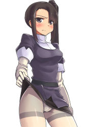 Rule 34 | 10s, 1girl, a9b (louis814), black eyes, black hair, blouse, blush, breasts, clothes lift, cowboy shot, crotch seam, eyes visible through hair, gloves, grimace, hair over one eye, highres, kantai collection, looking at viewer, miniskirt, nachi (kancolle), panties, pantyhose, pencil skirt, shirt, short sleeves, side ponytail, sidelocks, simple background, skirt, skirt lift, solo, thighband pantyhose, underwear, white background, white pantyhose