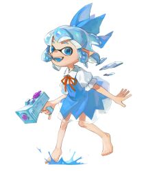 Rule 34 | 1girl, :d, alternate species, barefoot, blue bow, blue dress, blue eyes, blue hair, blue wings, bow, cirno, collared shirt, commentary, detached wings, dress, fangs, hair bow, highres, holding, holding weapon, ice, ice wings, inkling, miko (15476997), neck ribbon, nintendo, open mouth, pinafore dress, pointy ears, puffy sleeves, red ribbon, ribbon, shirt, short hair, short sleeves, sleeveless, sleeveless dress, smile, solo, splatoon (series), splattershot jr (splatoon), standing, standing on one leg, symbol-only commentary, tentacle hair, touhou, weapon, white background, white shirt, wings