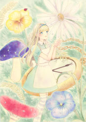 Rule 34 | 1girl, absurdres, alice (alice in wonderland), alice in wonderland, apron, blonde hair, blue eyes, blue flower, blue hairband, blunt bangs, blush, bow hairband, bug, cupping hands, dress, flower, goldkuma, grass, green background, green dress, hairband, hands up, highres, insect, ladybug, long hair, mini person, minigirl, mushroom, open mouth, own hands together, pocket watch, purple thighhighs, short sleeves, sidelocks, solo, standing, striped clothes, striped thighhighs, teeth, thighhighs, upper teeth only, watch, water drop, wheat, white apron, yellow flower