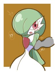 Rule 34 | !?, bob cut, colored skin, creatures (company), dress, envi55109095, game freak, gardevoir, gen 3 pokemon, grabbing another&#039;s arm, green hair, hair over one eye, highres, multicolored skin, nintendo, open clothes, out of frame, pink eyes, pokemon, pokemon (creature), simple background, two-tone skin, white dress, white skin