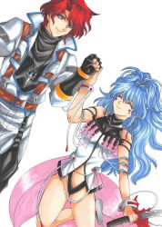 Rule 34 | 1boy, 1girl, alfimi, axel almer, blue hair, closed eyes, fingerless gloves, gloves, green eyes, holding hands, happy, highres, holding, holding sword, holding weapon, jacket, jewelry, long hair, necklace, ponytail, red hair, simple background, smile, super robot wars, super robot wars og saga mugen no frontier, super robot wars og saga mugen no frontier exceed, super robot wars original generation, sword, thong, traditional media, wavy hair, weapon, white background