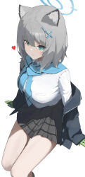 Rule 34 | 1girl, absurdres, animal ear fluff, animal ears, aozora 1051, aqua scarf, arm support, bare legs, black jacket, black skirt, blue archive, blush, breasts, cross hair ornament, gloves, green gloves, grey hair, hair ornament, halo, heart, highres, invisible chair, jacket, jacket partially removed, looking at viewer, medium breasts, pleated skirt, scarf, school uniform, shiroko (blue archive), shirt, simple background, sitting, skirt, smile, solo, white background, white shirt, wolf ears