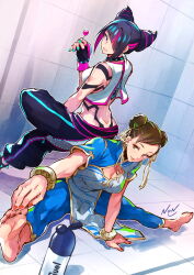 Rule 34 | 2girls, aqua nails, ass, barefoot, black collar, black hair, black pants, blue dress, blue pants, breasts, brown hair, butt crack, candy, capcom, china dress, chinese clothes, chun-li, cleavage, cleavage cutout, clothing cutout, collar, crossed legs, diagonal bangs, double bun, dress, drill hair, earrings, fingerless gloves, food, gloves, hair bun, hair over eyes, han juri, highres, holding, holding candy, holding food, holding lollipop, jewelry, kujou non, lollipop, looking back, medium breasts, multicolored hair, multiple girls, pants, purple eyes, purple hair, short sleeves, sitting, sitting on shoulder, spiked collar, spikes, spread legs, streaked hair, street fighter, street fighter 6, vest, white vest