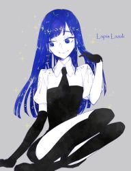 Rule 34 | androgynous, black necktie, blue eyes, blue hair, character name, crystal hair, elbow gloves, gender request, gloves, highres, houseki no kuni, lapis lazuli (houseki no kuni), long hair, necktie, ondo (roretta), shirt, short sleeves, shorts, smile, solo, sparkle, uniform