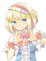 Rule 34 | 1girl, alice margatroid, arnest, blonde hair, blue dress, blue eyes, blush, capelet, closed mouth, dress, hairband, heart, heart hands, highres, lolita hairband, looking at viewer, red hairband, short hair, short sleeves, simple background, smile, solo, touhou, upper body, white background, white capelet, wrist cuffs