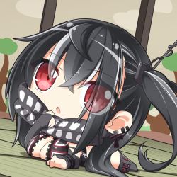 Rule 34 | 1girl, :o, azur lane, black hair, black one-piece swimsuit, black thighhighs, blush, breasts, bridal gauntlets, chibi, cleavage, dutch angle, eyes visible through hair, front zipper swimsuit, hair between eyes, hand up, indoors, large breasts, long hair, looking at viewer, lying, meme attire, multicolored hair, norwegian flag, on floor, on stomach, one-piece swimsuit, one side up, parted lips, red eyes, shachoo., sidelocks, silver hair, solo, streaked hair, swimsuit, thighhighs, u-47 (azur lane), unzipped