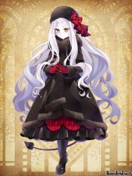 Rule 34 | 1girl, argyle, bad id, bad pixiv id, black coat, black dress, black footwear, black hat, bow, brown background, brown eyes, coat, demon tail, dress, full body, fur trim, gloves, hat, hat bow, long hair, looking at viewer, nemui lazurite, pale skin, pandora party project, red gloves, solo, standing, tail, very long hair, watermark, white hair