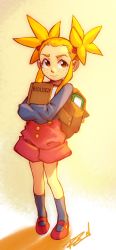 Rule 34 | 1girl, aged down, bad id, bad tumblr id, bag, book, cryamore, esmyrelda maximus, freckles, hair ribbon, highres, holding, holding book, long hair, mary janes, matching hair/eyes, orange eyes, orange hair, ribbon, robaato, school bag, shoes, shorts, smile, socks, solo, twintails
