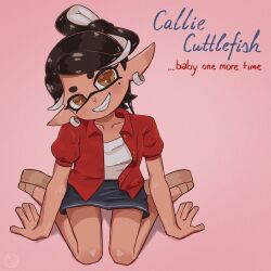 album_cover album_cover_redraw black_hair britney_spears callie_(splatoon) collarbone cover derivative_work earrings fangs full_body grin head_tilt inkling jewelry long_hair mole mole_under_eye nintendo notgrease open_clothes open_shirt pink_background pointy_ears sandals sitting skirt smile splatoon_(series) tentacle_hair undershirt wariza yellow_eyes