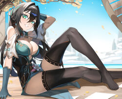 Rule 34 | 1girl, aqua dress, aqua eyes, aqua gloves, arm up, bare shoulders, bead necklace, beads, black hair, black thighhighs, blue sky, breasts, capelet, chinese commentary, clothing cutout, commentary request, dress, foot out of frame, gloves, grin, hair intakes, head tilt, highres, honkai: star rail, honkai (series), jewelry, knee up, large breasts, long hair, looking at viewer, necklace, no shoes, ponytail, ruan mei (honkai: star rail), shoulder cutout, sitting, sky, smile, solo, soranoki, thighhighs, thighs, very long hair, white capelet