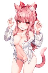 Rule 34 | 1girl, animal ear fluff, animal ears, bad id, bad twitter id, bare shoulders, blush, bow, bow panties, breasts, cameltoe, cat ears, cat tail, claw pose, collarbone, commission, fangs, groin, hair ribbon, hands up, highres, large breasts, long hair, long sleeves, looking at viewer, navel, no bra, open clothes, open mouth, open shirt, original, panties, pink hair, red eyes, red ribbon, ribbon, sidelocks, simple background, sleeves rolled up, smile, solo, stomach, tail, underwear, very long hair, white background, white panties, zerocat